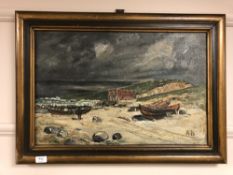 Continental school : Boats at low tide, oil on board, 62 x 40 cm, framed.