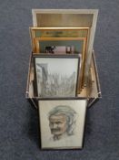 A box containing 20th century pictures and prints to include a framed drawing of a German Shepherd