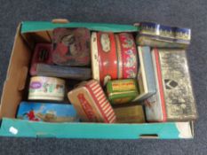 A box containing vintage tins to include C. W. S, Horner- McVitie and Price.