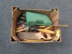 A box of quantity of vintage hand tools and a cased multi function shear set