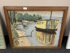 A 20th century chalk drawing depicting barge boats, 62 x 51 cm, framed.