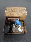 A wicker basket together with a box containing miscellaneous items to include cocktail shaker,