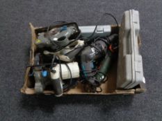 A box containing a quantity of cased and uncased power tools to include drills,