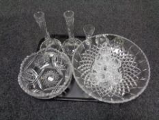 A tray containing assorted glassware to include lead crystal candlesticks and fruit bowl,