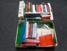 Two boxes containing hardback books to include autobiographies, atlases, reference etc,