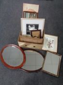 A box containing assorted pictures and picture frames, Japanese tapestry, framed mirrors etc.