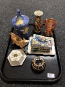 A tray containing assorted china to include Masons butter dish with cover,