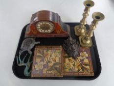 A tray containing antique and later pieces to include mantel clock, brass candlesticks,