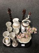 A tray containing a pair of Edwardian barley twist candlesticks, a pottery jug with six goblets,