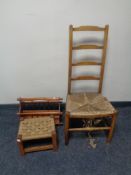 An antique high backed rush seated occasional chair and stool,