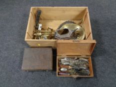 A box containing metal wares to include brass fire pieces, door handles, plated ware,