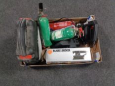 A box containing Black and Decker sander, mouse sander, planer, fire extinguishers etc.
