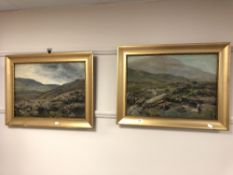 Two over painted early 20th century prints depicting moorland, 53 x 37 cm, both parts framed.