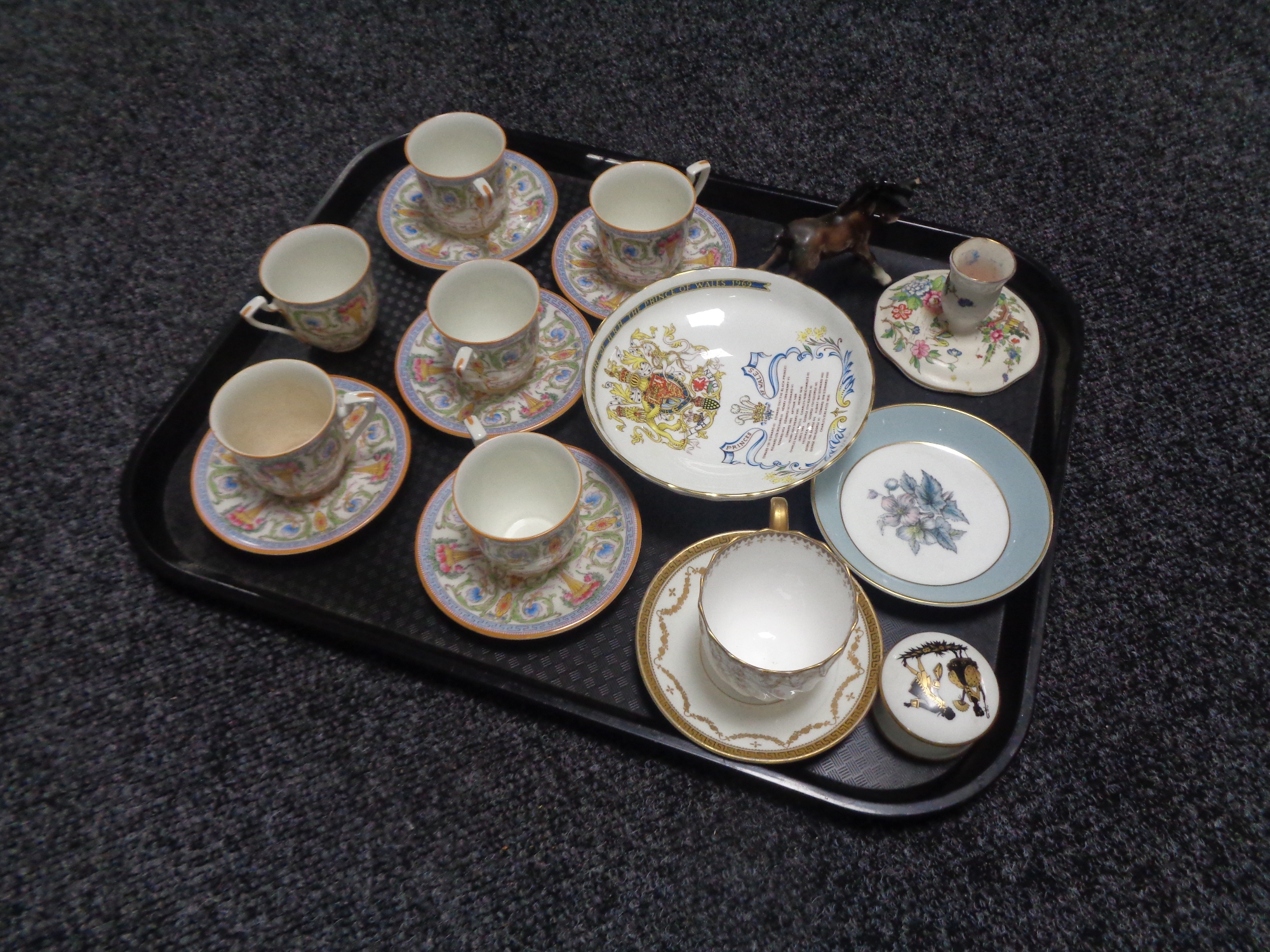 A tray containing six Royal Worcester cups and saucers together with other china to include an