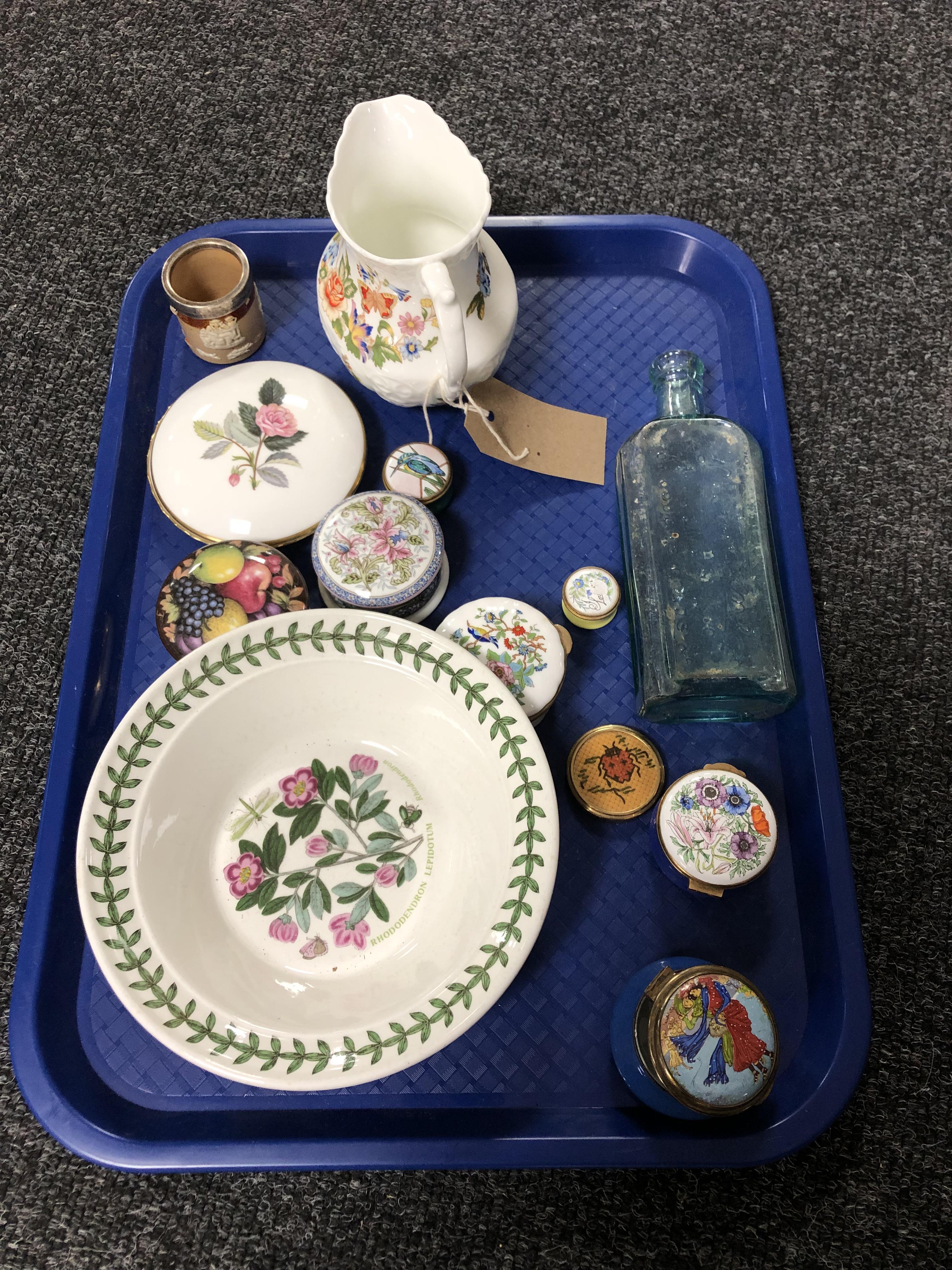 A tray of Aynsley jug, miniature trinket pots, antique glass bottle, silver rimmed Doulton pot etc.