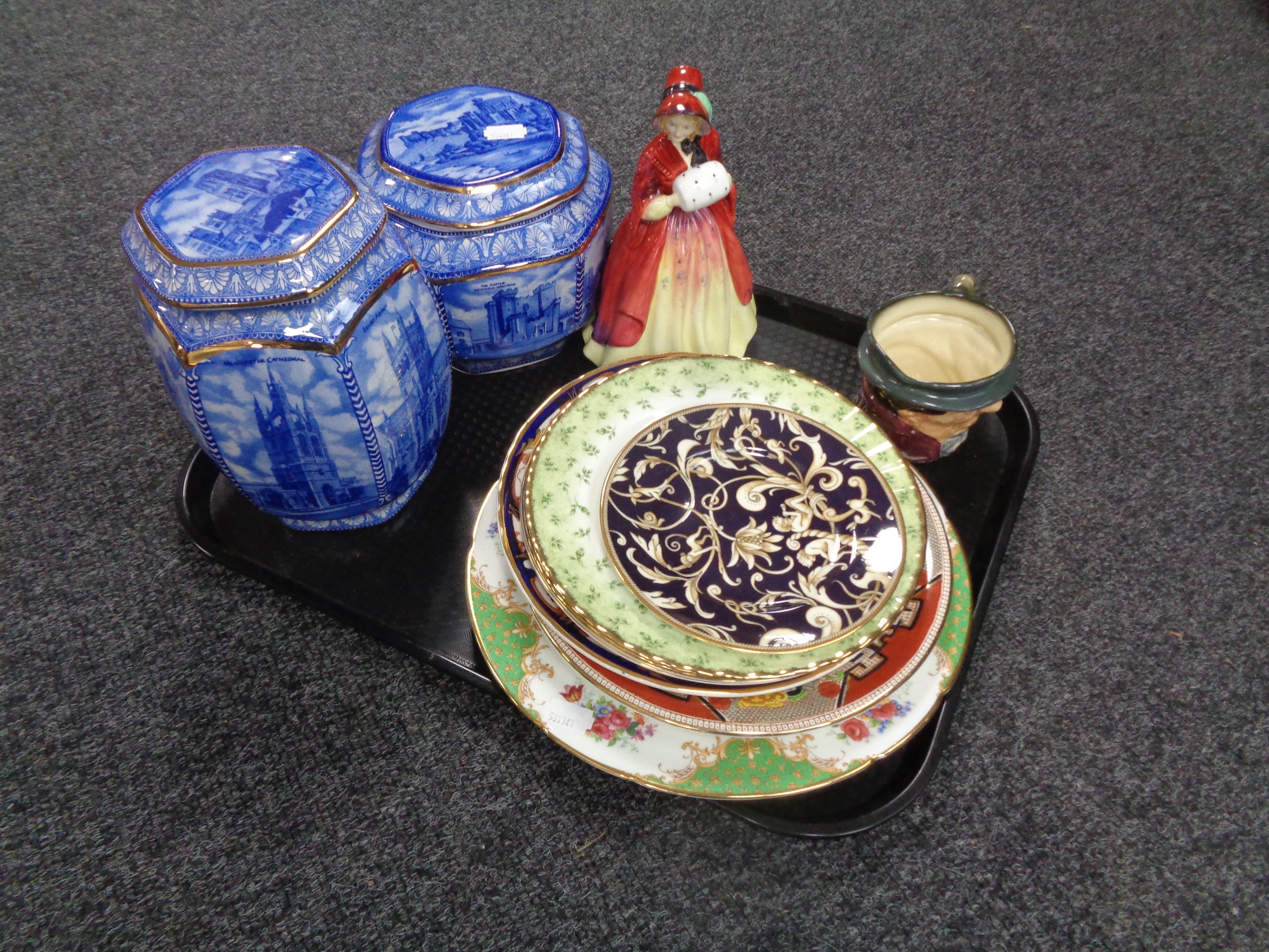 A tray containing assorted china to include Ringtons caddies, Royal Doulton character jug,
