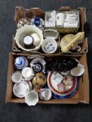 Two boxes containing assorted china to include tortoise money box, Ringtons ware,