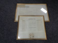 An antique indenture on velum in frame together with one other framed high court document