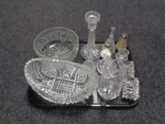 A tray containing assorted glassware to include lead crystal fruit bowl, candlestick,