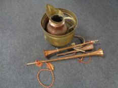 A brass twin handled planter and assorted brass and copper ware, ewer, hunting horns,