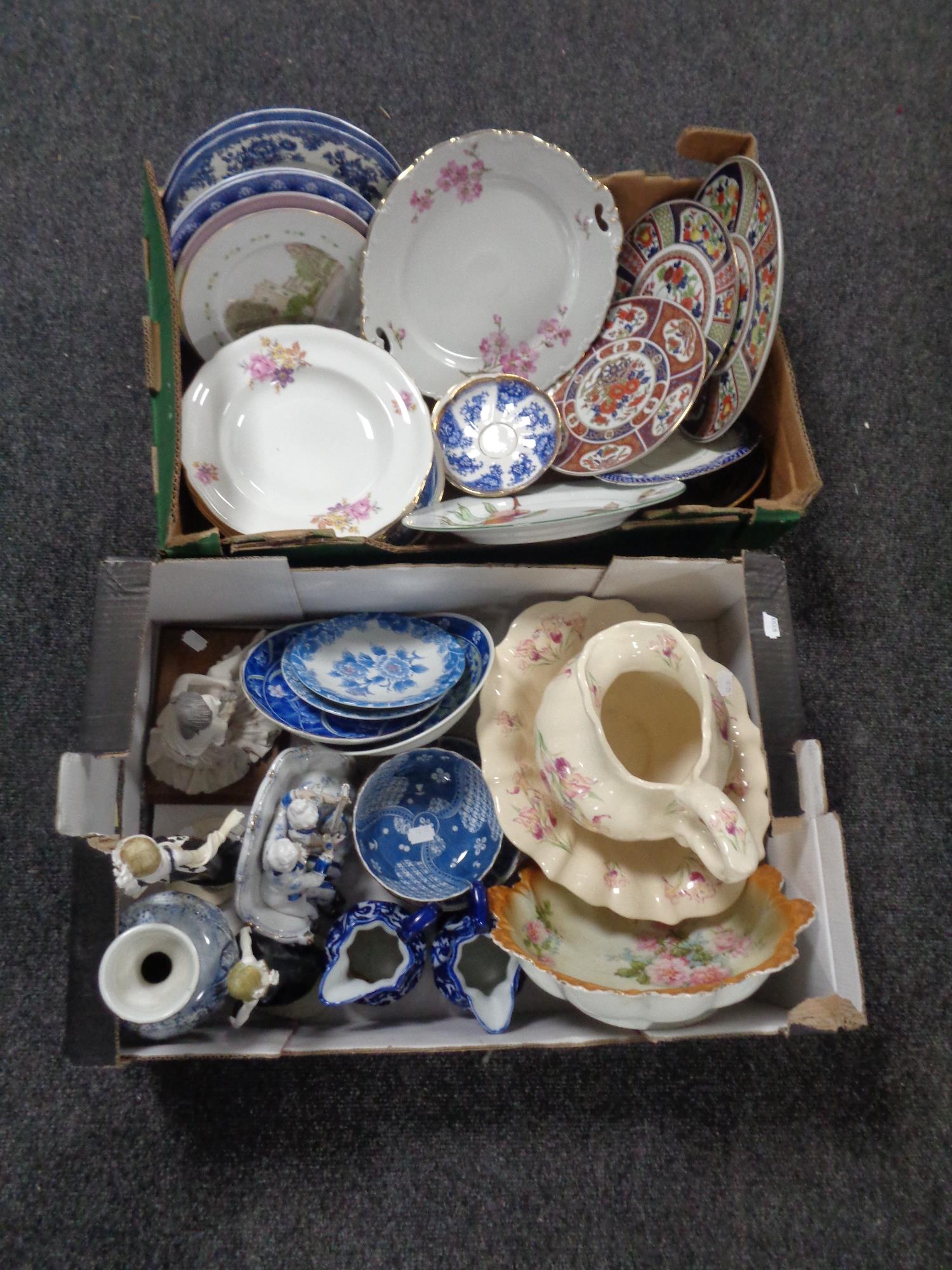 Two boxes containing miscellaneous china to include continental figures, Art Deco figures,