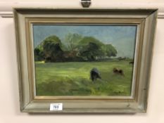 Continental school : Cattle in a field, oil on canvas, 30 cm x 22 cm, framed.