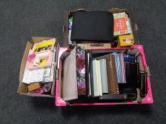 Three boxes containing art supplies, photo albums, costume jewellery, jewellery bags etc.