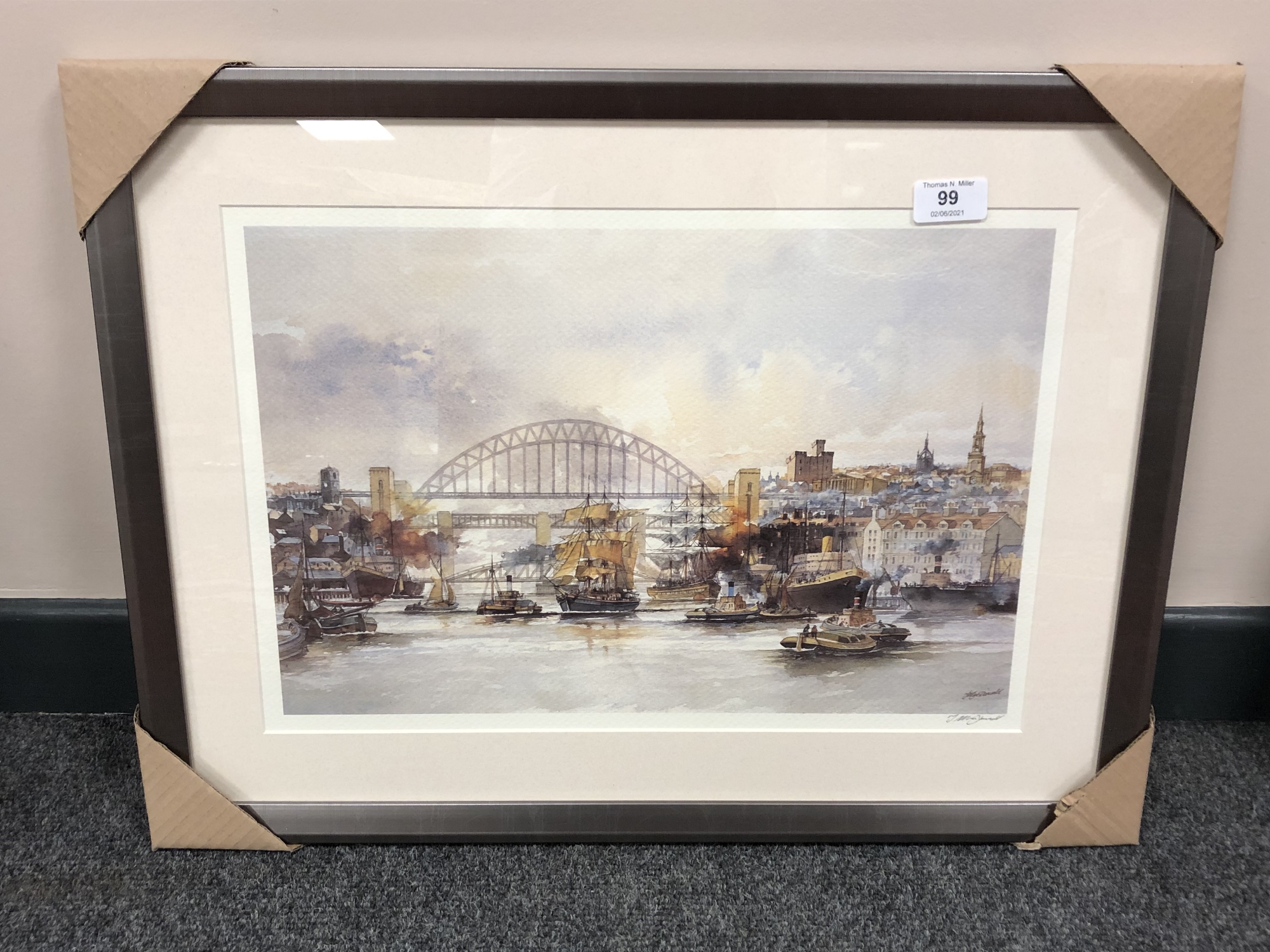 After Tom MacDonald : Shipping on the Tyne, reproduction in colours, signed in pencil,