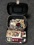 A tray containing vanity case together with a large quantity of costume jewellery to include cameo