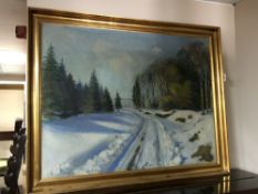 Continental School : A winter scene, oil on canvas, 100 cm x 75 cm, signed A.A., dated 1942, framed.