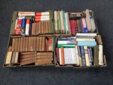 Four boxes containing antique and later books to include Reference, Dictionary, Biology,