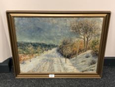 Continental school : A winter landscape, oil on board, 55 cm x 40 cm, framed.