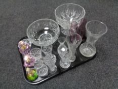 A tray containing assorted glassware to include cut glass and lead crystal vases,