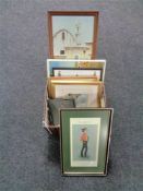A box containing 20th century pictures and prints to include framed map of Wales, fox hunting print,
