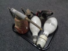 A tray of two vintage blow lamps, Esso U.C.L.