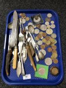 A quantity of coins together with antique and later cutlery,