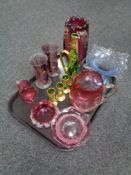 A tray containing antique and later glassware to include Davidson's glass vases,