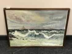 Continental school : Ship in rough seas, oil on canvas, 67 cm x 47 cm, framed.