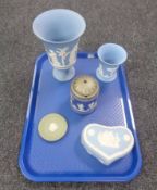 A tray containing five pieces of Wedgwood Jasperware.