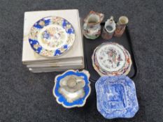 Four boxed Masons Ironstone Heritage collectors plates together with a tray containing antique and