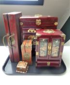 A tray containing five assorted Chinese style table boxes, trinket boxes and jewellery chests.