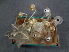 A box containing a brass and glass star hanging light fitting (a/f) together with two further five
