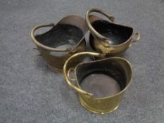 Three antique and later brass coal buckets