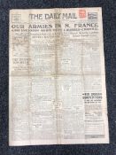 An original newspaper - The Daily Mail, June 6th 1944, front and back cover commenting on WW II.