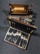 A tray containing Edwardian book stand, oil lamps, candlesticks, trinket box, Domino's,