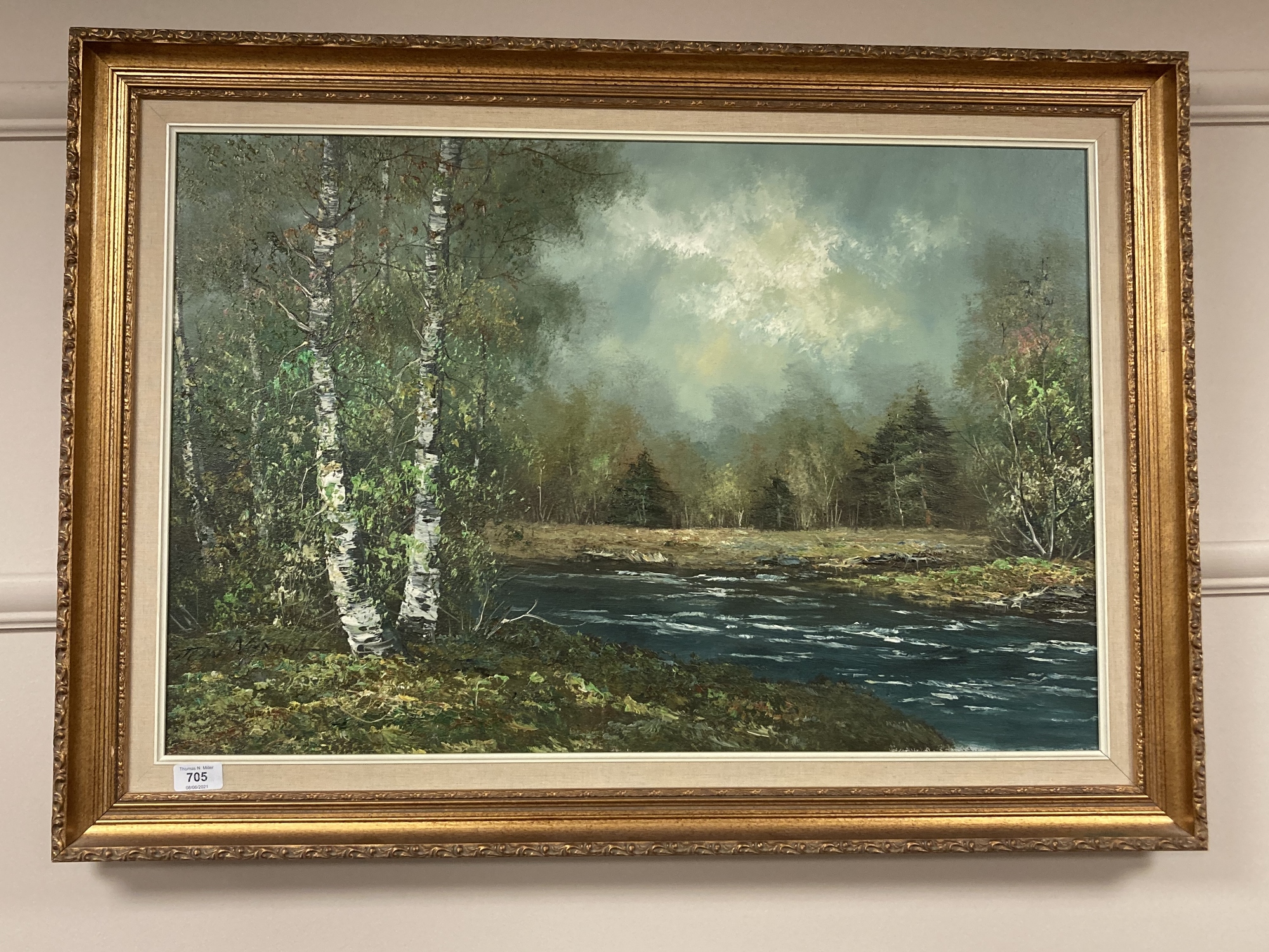 Jean Medina : Stream through woodland, oil on canvas, framed,