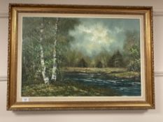 Jean Medina : Stream through woodland, oil on canvas, framed,