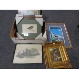 A box containing assorted pictures to include an oil on board, Hens in a yard, signed Hunt,