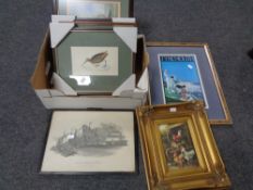 A box containing assorted pictures to include an oil on board, Hens in a yard, signed Hunt,