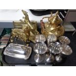 A tray containing brass teapot figure of a horse and dog, plated goblets etc.